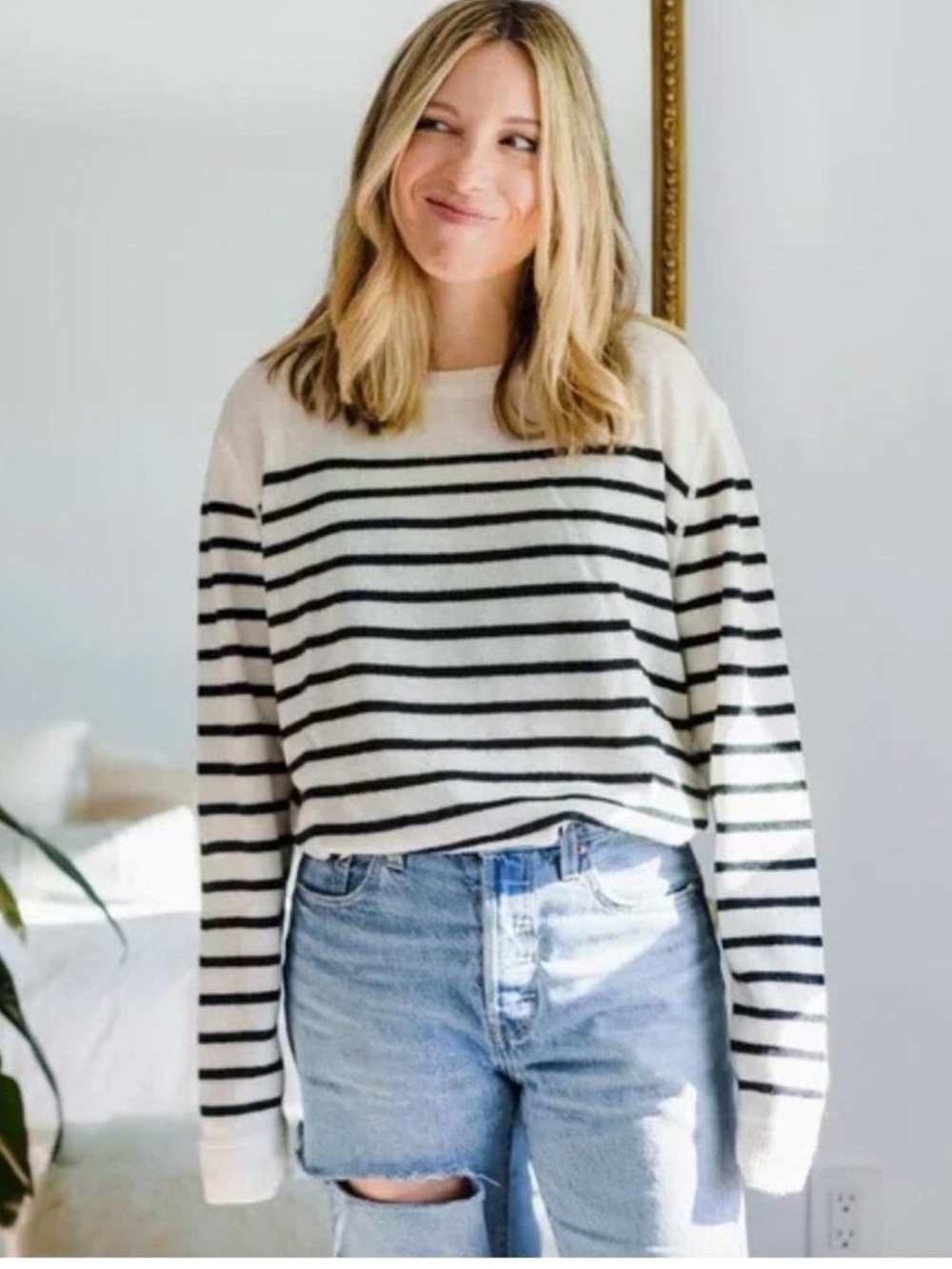 Reformation Gossamer w Black Stripes Cashmere Long Sleeve Boyfriend Sweater Sz M